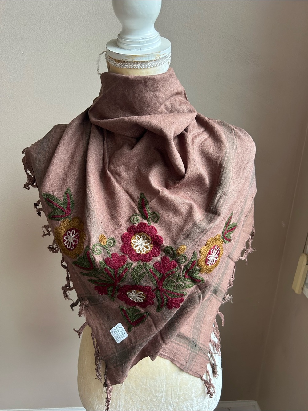 New Womens Tan Embroidered Flowers Fringed Scarf BOHO New 5000-3102